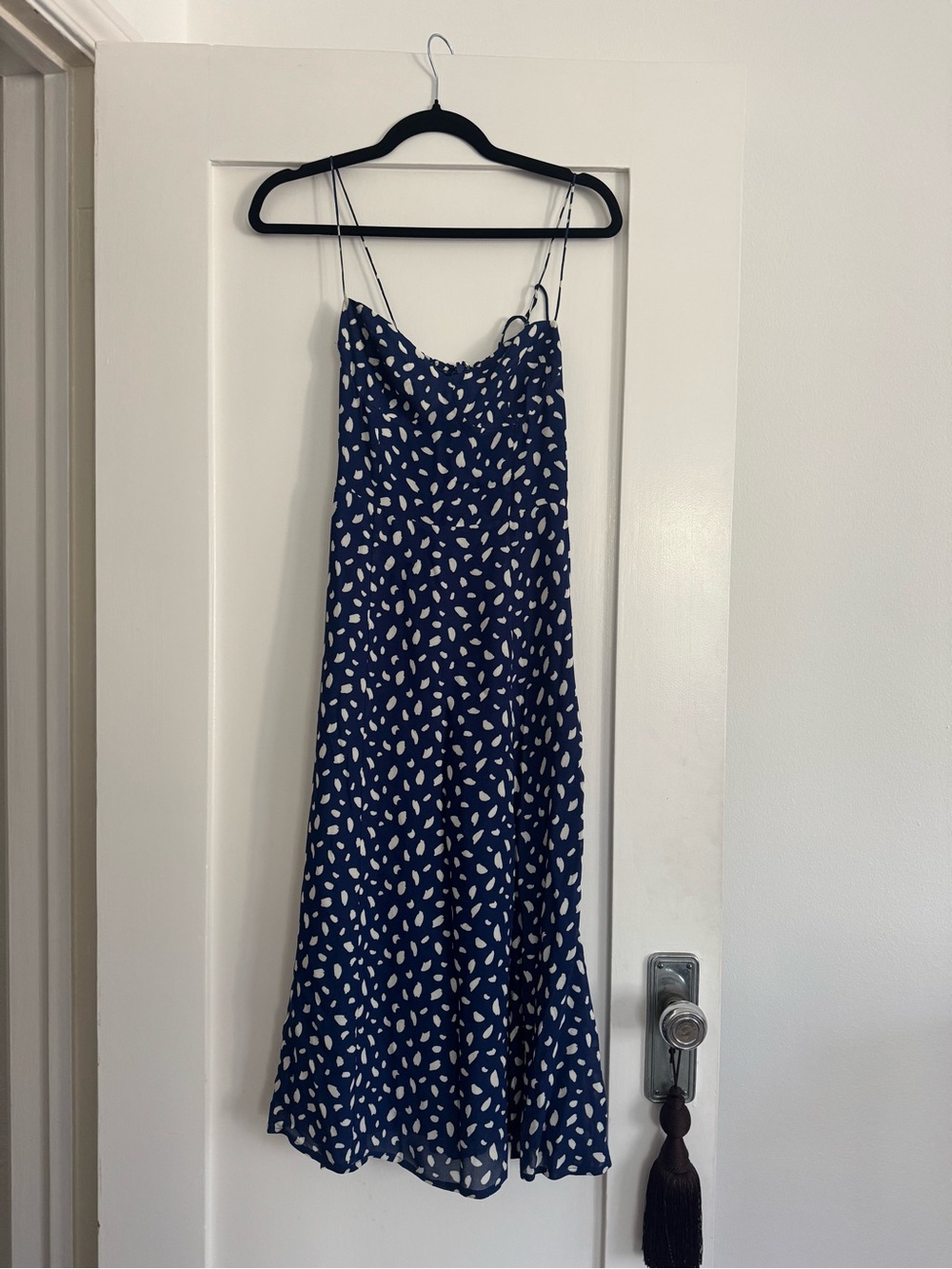 Reformation Navy Blue Slip Dress with White Spot Print
